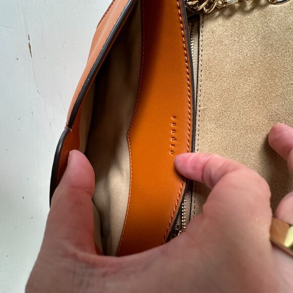 NWOT Sandro Camel Leather Crossbody Bag Lou MM Curcuma Adjustable Strap Purse - Picture 12 of 15